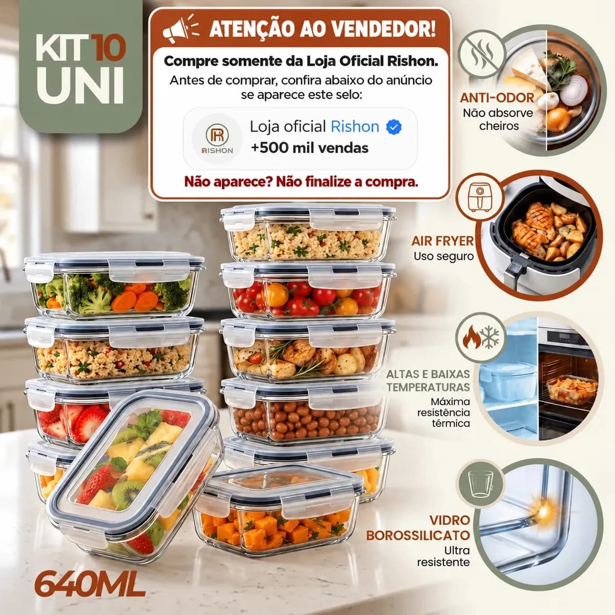 Kit 10 Potes de Vidro Borossilicato 640ml