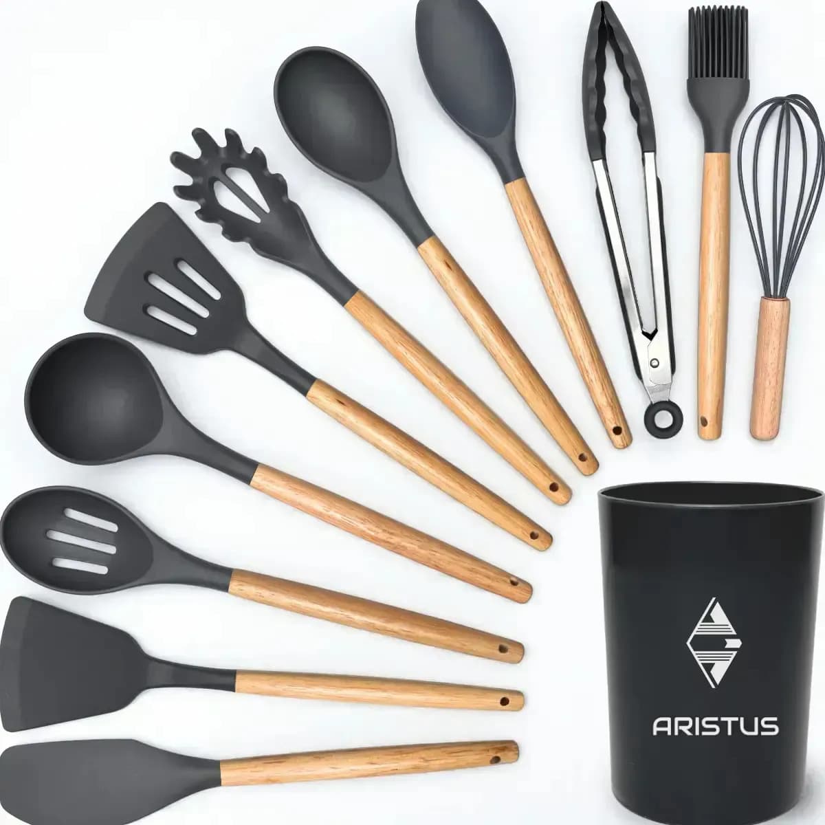 Kit 12 Utensílios de Silicone Aristus com Cabo de Madeira