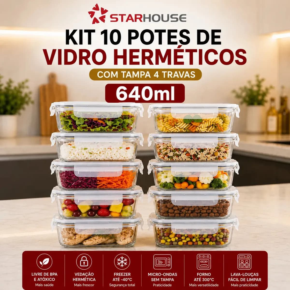 Kit 10 Potes Herméticos de Vidro 640ml